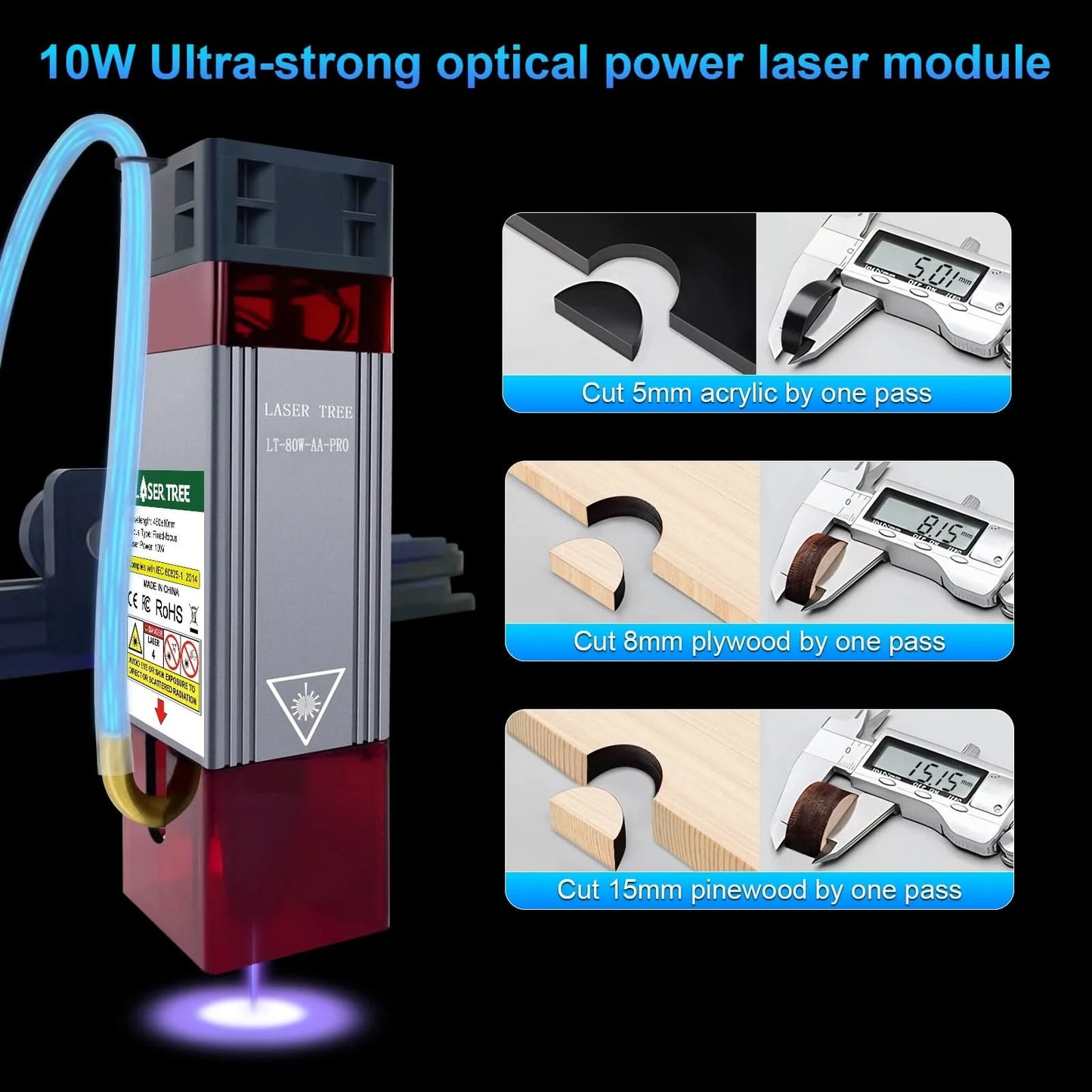 LASER TREE Lasermodul 4W 5W 10W optische Leistung mit Air Assist Laserkopf 450nm TTL Blaulicht Graveur Schneiden Holz DIY Werkzeuge