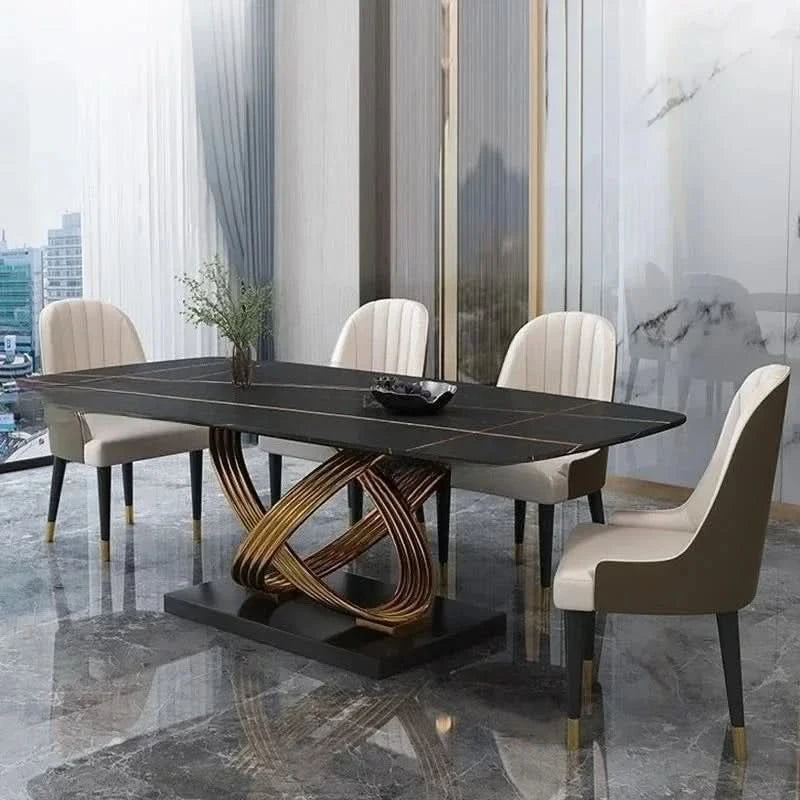 Modern Dining Table With Stainless Steel Finish Black White Desk Top For Six People Home Rectangle Luxury Marble Kitchen Table