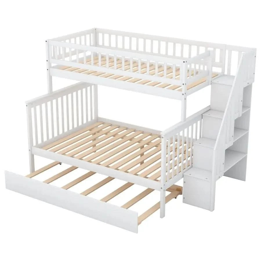 Harper Bright Designs Twin Over Full Bunk Beds with Twin Size Trundle Stairway, Solid Wood Bunk Bed Twin Over Full Size with St