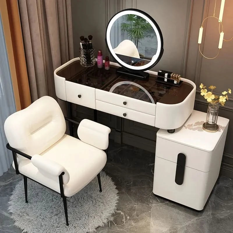 Luxury Jewelery Storage Dressing Table Glass Top Girls Unique Makeup Mirror Beauty Dressing Table Light White Muebles Decoration