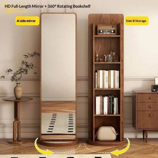 Full Length Floor Mirror Rotating Wooden Frame Bookshelf Full Body Standing Mirror Bedroom Living Room Large Luxury No Warping