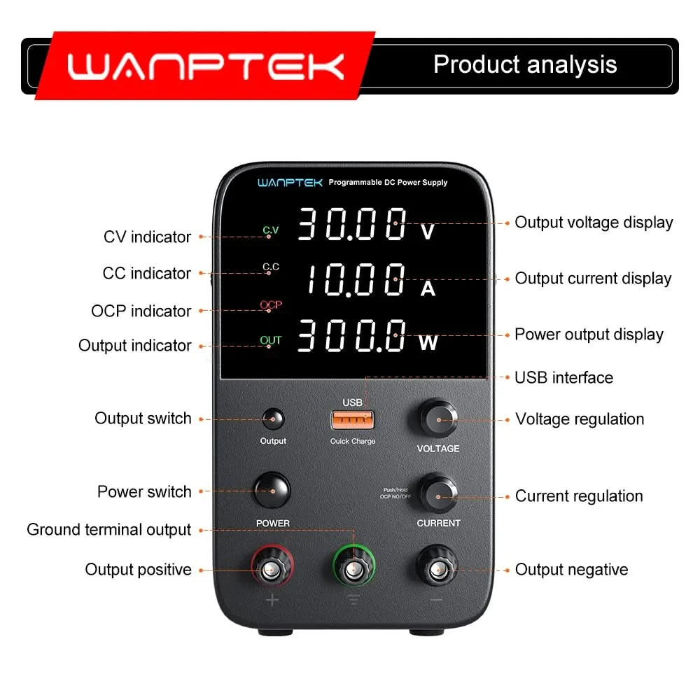 Wanptek Einstellbares Gleichstromnetzteil 30V 10A 60V 5A Labornetzgerät Stabilisiertes Netzteil Spannungsregler Schalter 220V
