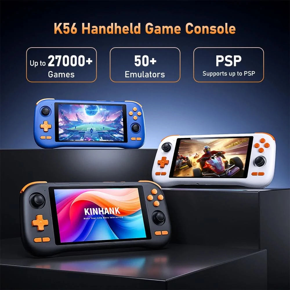 KINHANK K56 Handheld-Spielekonsole 5,5 Zoll Touchscreen 50 Emulatoren für Android 14 PS1/PSP/DC/SS 5000mAh WIFI5 Retro-Game-Player