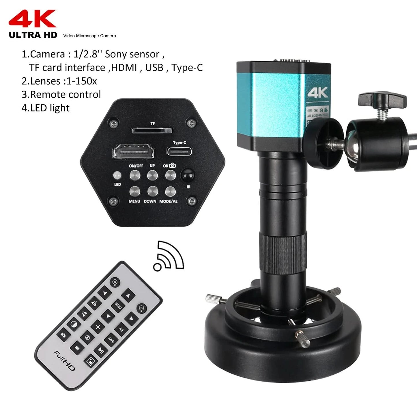Full HD 4K Electron Microscope For Soldering IMX415 48MP HDMI USB Digital Camera 150X Lens Reinforced Bracket Reduces Vibration