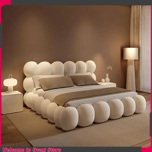 Beauty Cream Cloud Bed Large Size White Rectangle Minimalist Safe Bed Upholstery European Cama Matrimonial Home Furniture