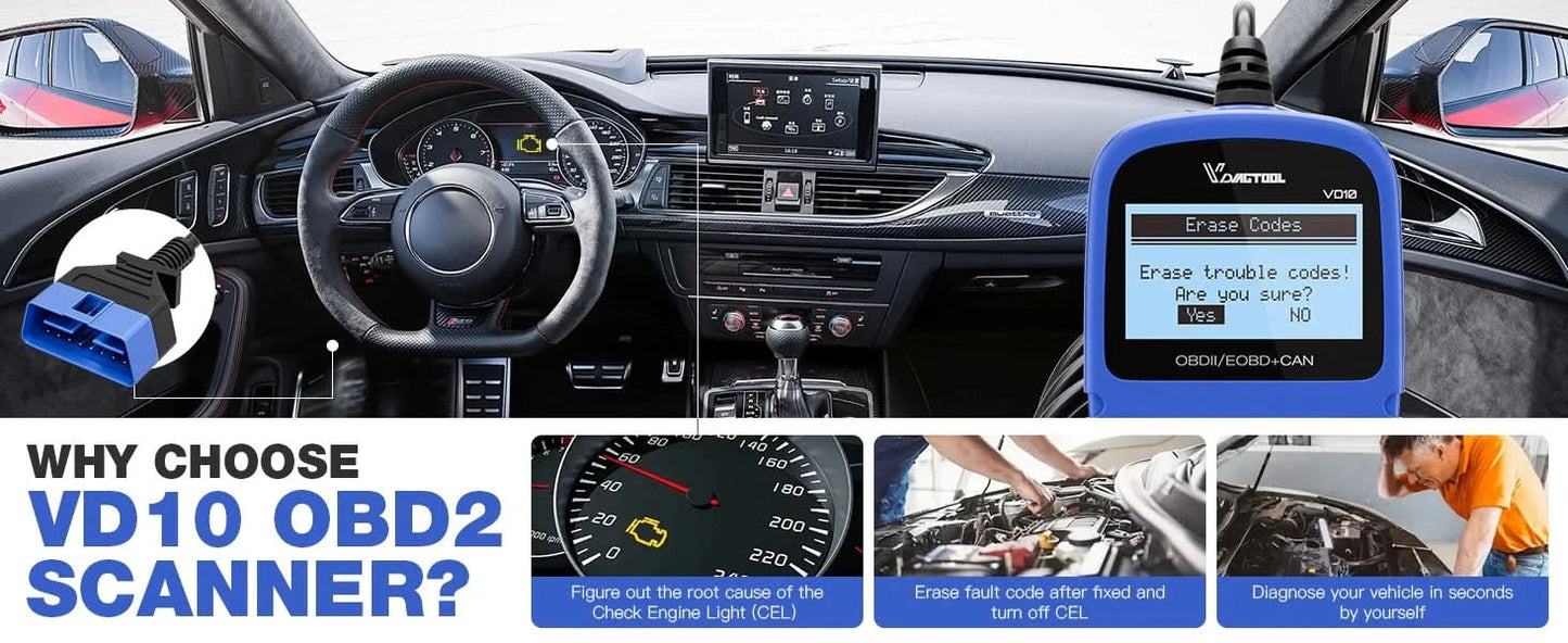 VDIAGTOOL VD10 OBD2 Diagnosegerät KFZ-Scanner mit I/M-Bereitschaftscodes, Motorprüffunktion, lebenslange kostenlose Updates