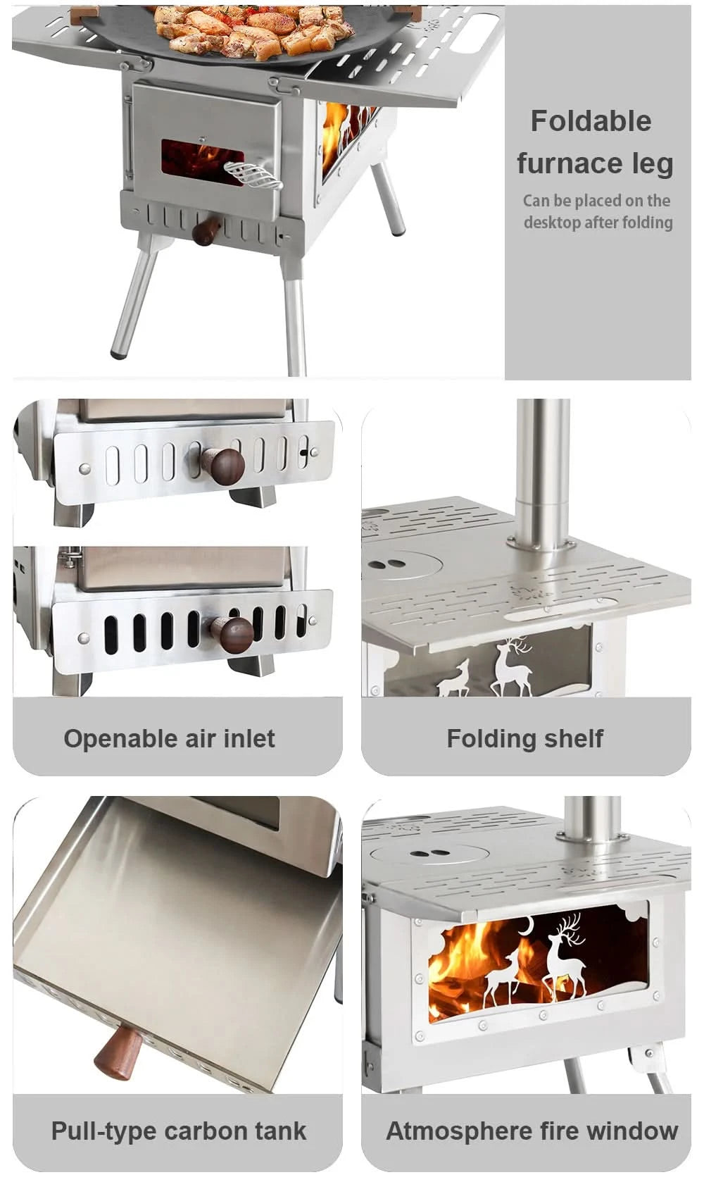Camping Wood Stove Fire View Side Glass Portable Folding Wood Burner with Chimney Stainless Steel Tent Heater for Ice Fishing