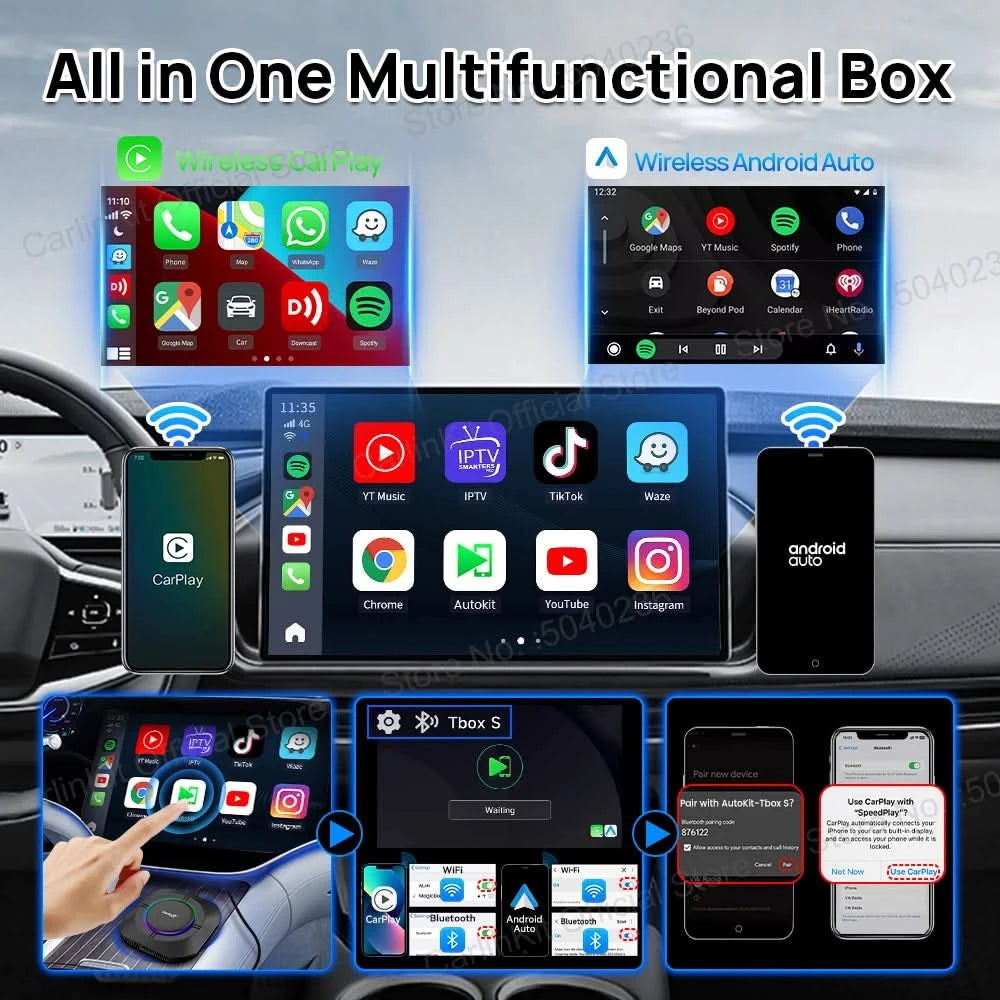 CarlinKit S2 CarPlay Ai Box LED Android 13 Streaming Box 64G/128G Qualcomm 8-Core Split Screen Smartes Fahrzeugsystem Wiedergabe von Videos