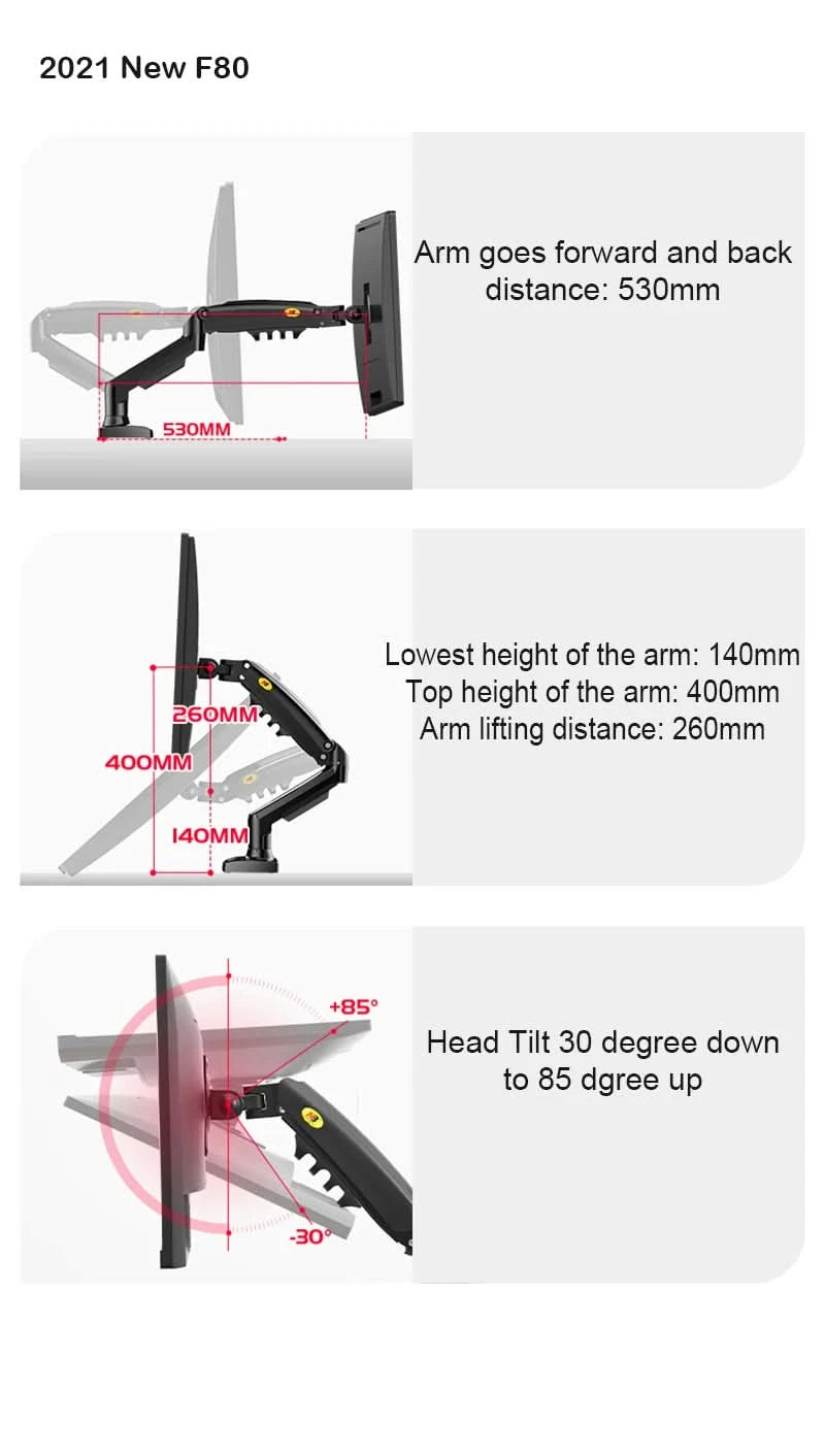 F80 Gasfeder 17-30 Zoll Desktop-LED-LCD-Monitorhalterung Arm Ergonomische Gasfeder Flexi-Halterung Belastung 2~9kg