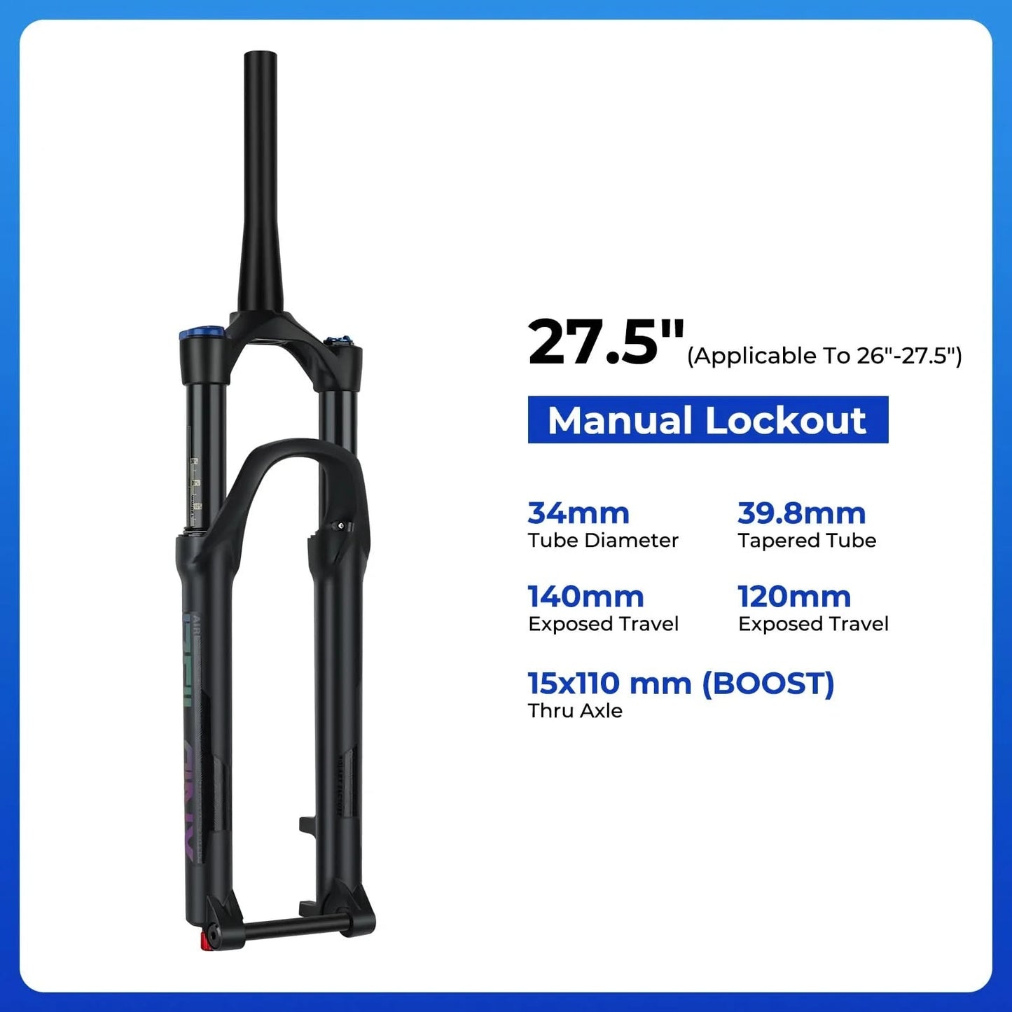 BOLANY 27.5/29inch Boost Bicycle Fork Thru Axle 100/110mm 34mm Tube Tapered Rebound Adjustment 120/140mm Travel Suspension Fork