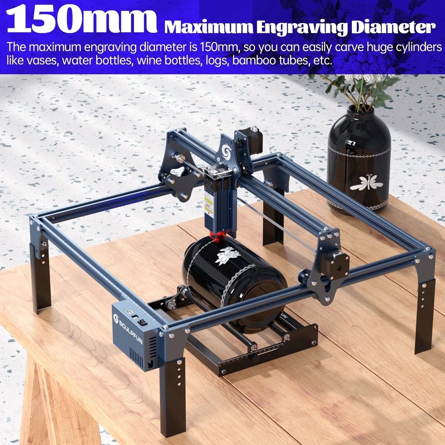 SCULPFUN S9/S10 Laser-Rotationsgraviermaschine Y-Achsen-Rotationswalze für 6-150 mm Gravur von zylindrischen Objekten, 360° drehbar