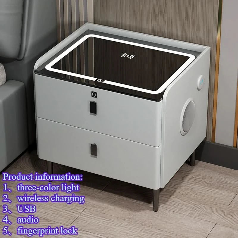 Bedside Table with Wireless Charging – 2-Tier Smart Nightstand with Lockable Drawer & Rechargeable LED Light