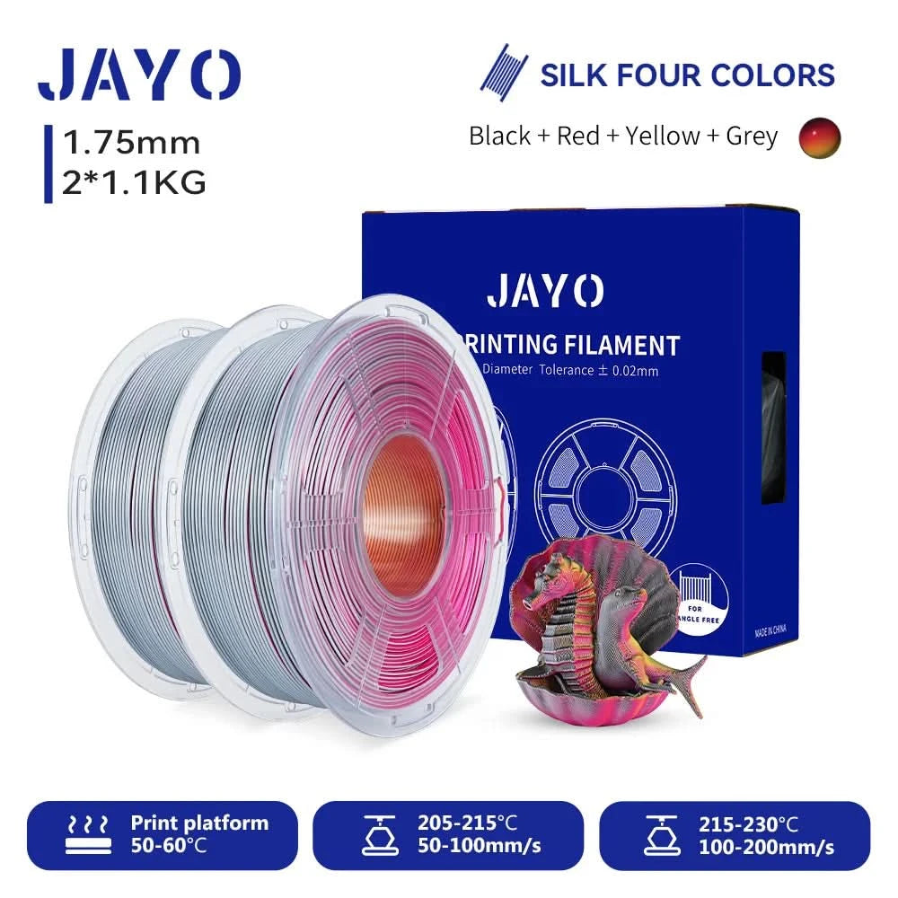 JAYO 3D Multicolor 4-Farben Seiden-PLA+-Filament-Bündel Seiden-PLA+-3D-Drucker-Filament 1,75 mm +/- 0,02 mm Glänzende Seidenstruktur 2 Rollen