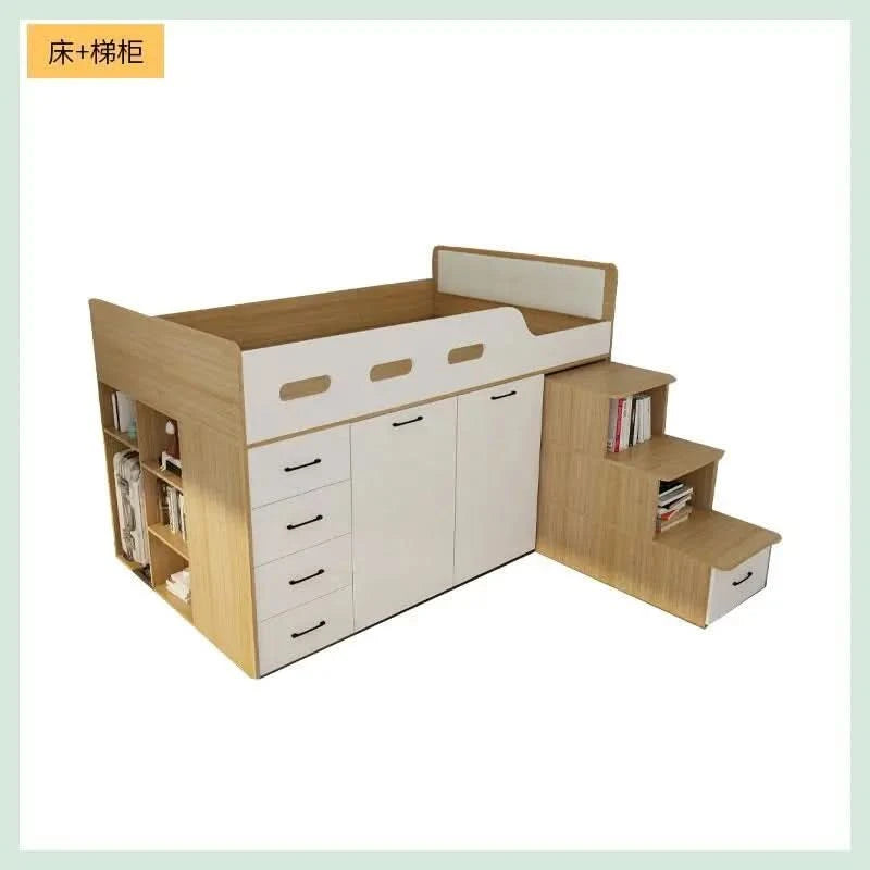 Small apartment solid wood high box storage bed wardrobe integrated, bed desk combination bed, multi-functional elevated bed