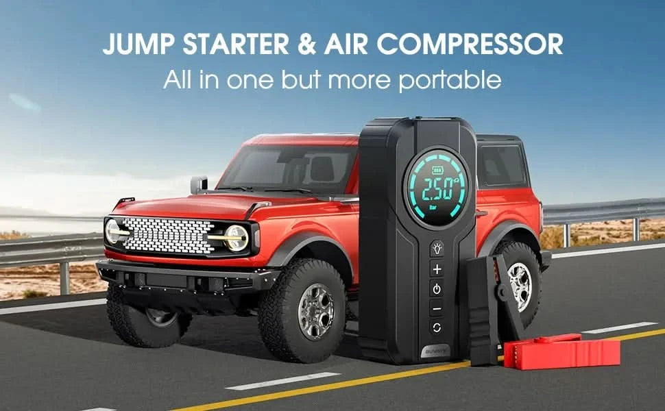 BUVAYE Auto-Multifunktions-Luftkompressor Starthilfe Luftpumpe Praktischer Reifenfüller Tragbarer Batteriestarter mit EVA-Tasche