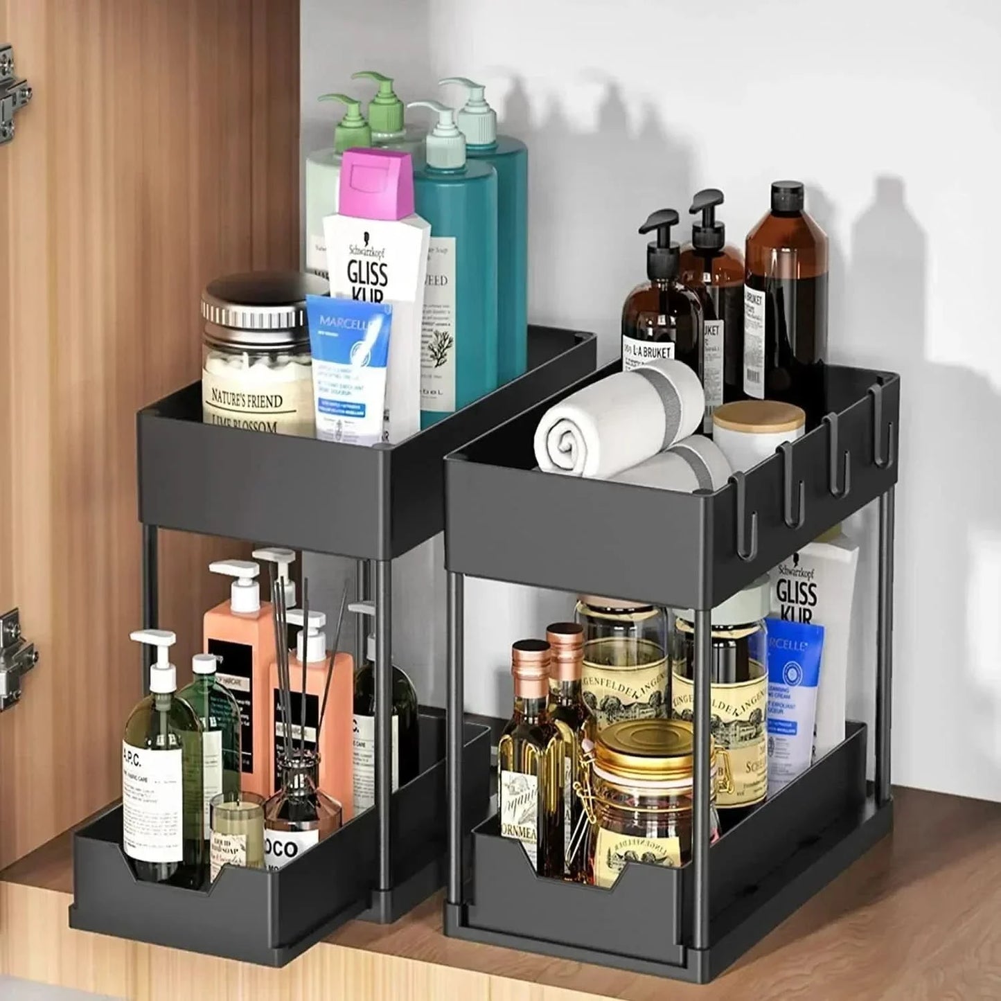 Zweistufiger Ausziehbarer Spülenunterschrank, Schiebekorbregal, Ablageregal, Hängeregal für Badezimmer und Küche