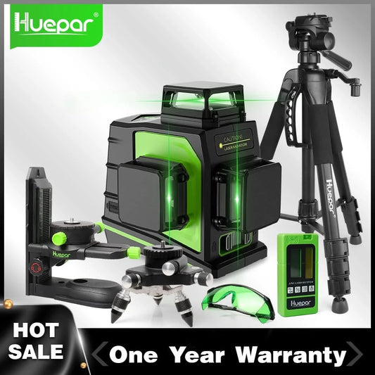 Huepar 12 Lines 3D Cross Line Laser Level Kit Osram Self-Leveling Green Beam 360° Vertical Horizontal With Laser Receiver Tripod
