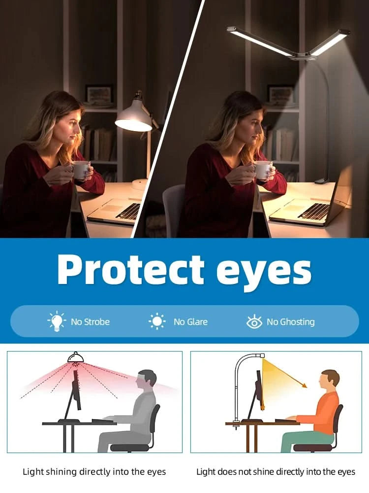 Clip Table Lamp Led Monitor Light Stand USB 3 Color Modes and 10 Dimmable Reading Lights for Study Office Double Head Desk Lamp