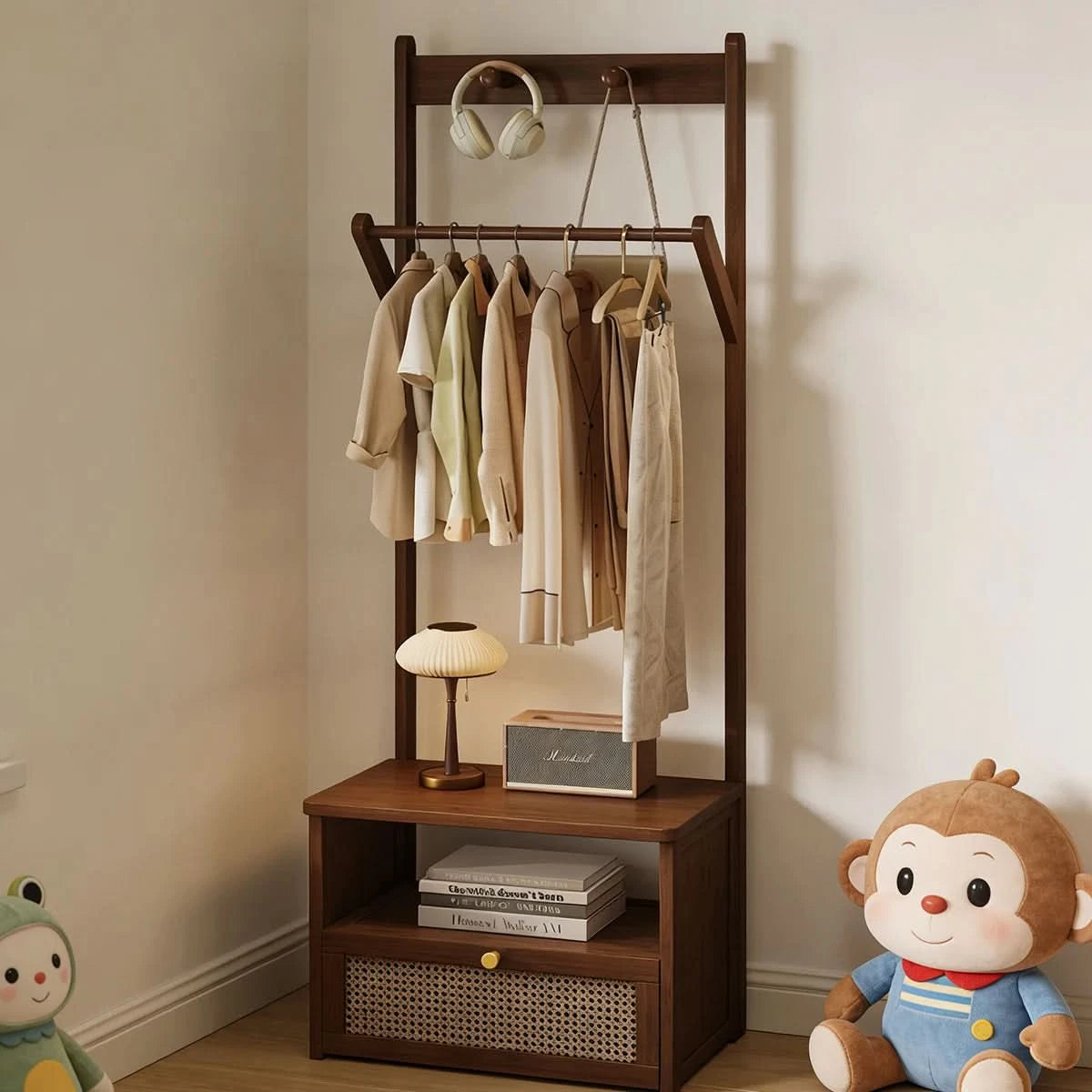 Bamboo 2-in-1 Bedside Rack & Nightstand - Small Space (40/50cm) with Drawer, Shelf & Hanging Rod for Essentials