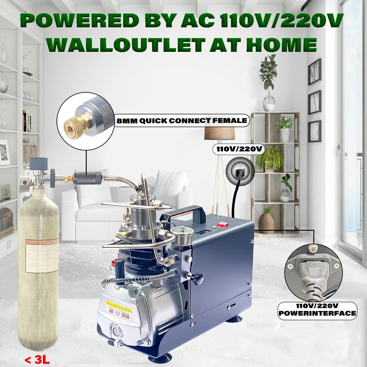 NUOGE AUTO-STOP 4500Psi 300Bar PCP Air Compressor  Electric High Pressure Compressor Scuba Diving Tank Filling