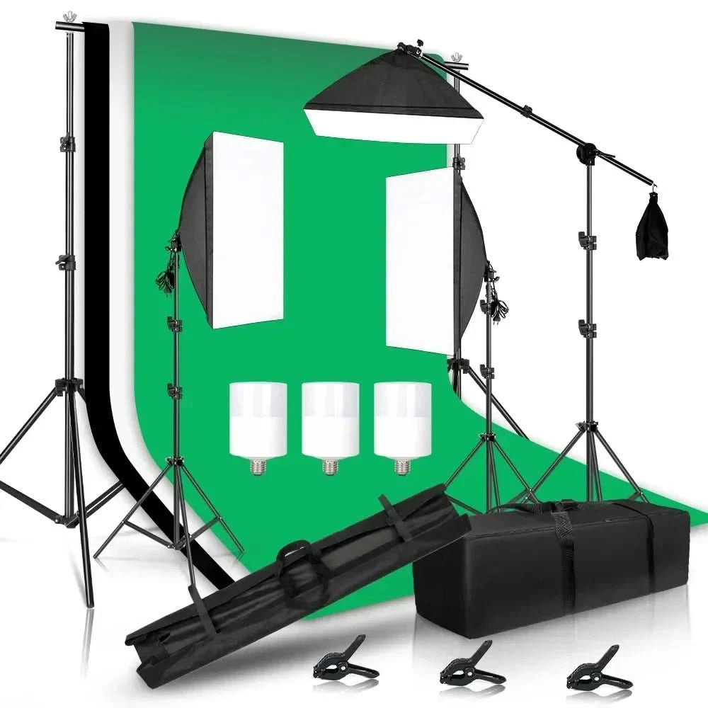 Fotohintergrundrahmen Ständer Softbox Beleuchtungsset Fotostudio-Ausrüstungszubehör mit 3 Hintergrundstoffen und Stativ