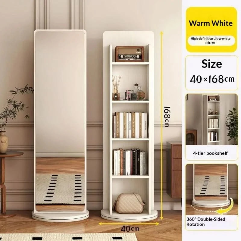 Full Length Floor Mirror Rotating Wooden Frame Bookshelf Full Body Standing Mirror Bedroom Living Room Large Luxury No Warping