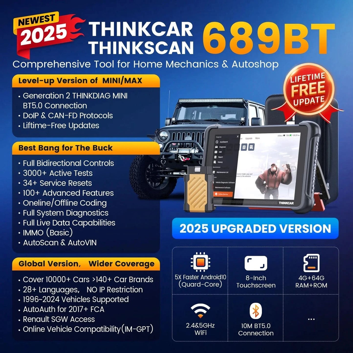 THINKCAR THINKSCAN 689BT Key Programming TKEY 101 Automotive Diagnostic Tool Bi directional Obd2 Scanner ECU Coding CANFD DOIP