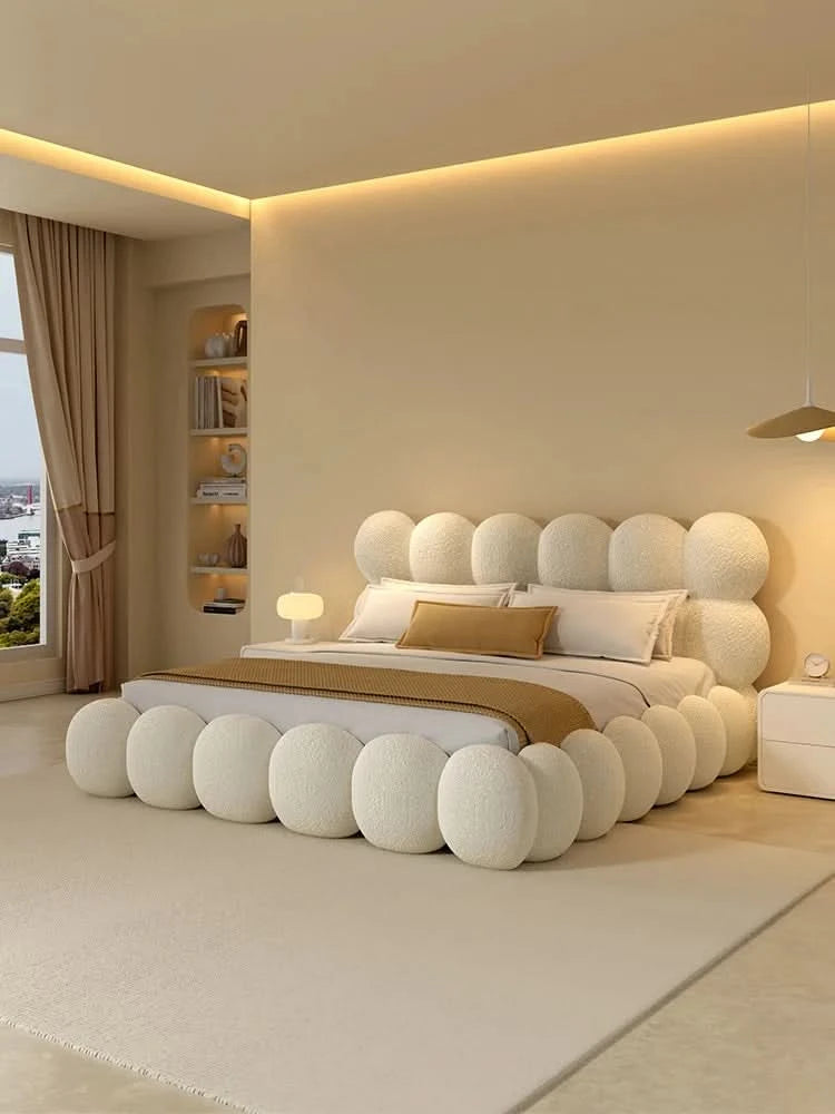 Beauty Cream Cloud Bed Large Size White Rectangle Minimalist Safe Bed Upholstery European Cama Matrimonial Home Furniture