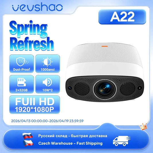 VEVSHAO Full HD Projector A22 4K Video Smart TV for Home WIFI 1080P 1000 Lumen Projectors Media Video Player Smart Beamer