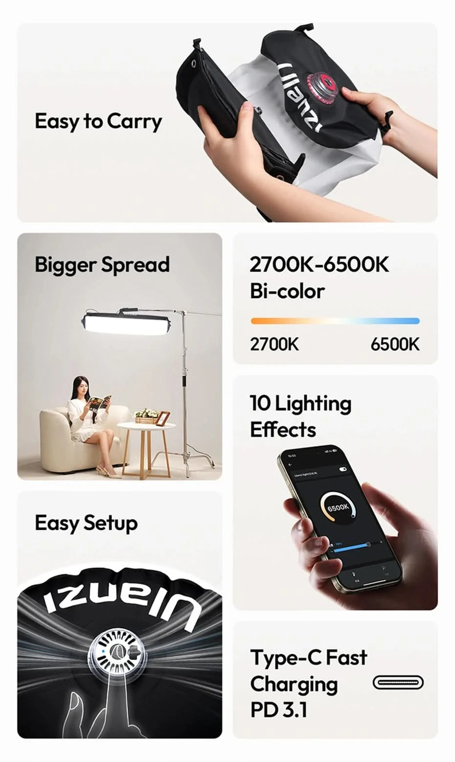 Ulanzi AL60 60W / AL120 120W Inflatable Air Tube Light APP Control LED Video Light Bi-Color Light Stick w Handle for Photography