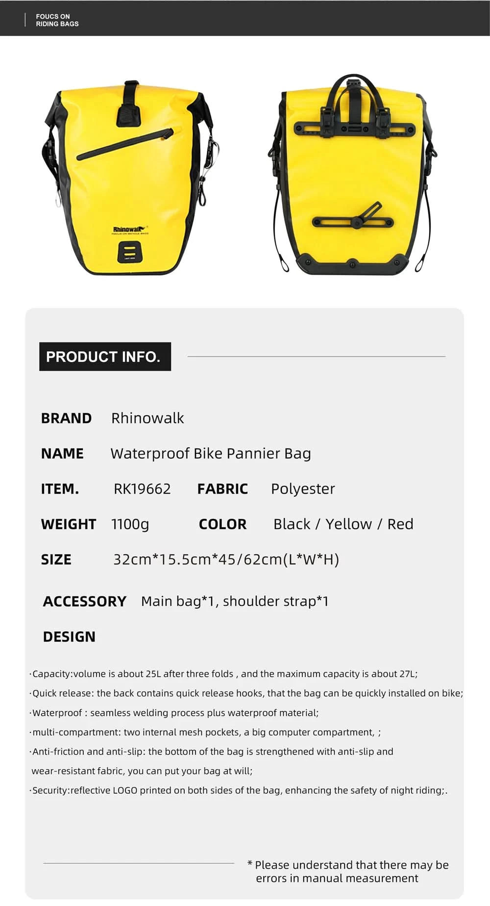 Rhinowalk Wasserdichte Fahrradtasche 20L/27L Reise Radtasche Korb Fahrrad Gepäckträger Hinten Sattel Tasche Fahrradtaschen & Packtaschen