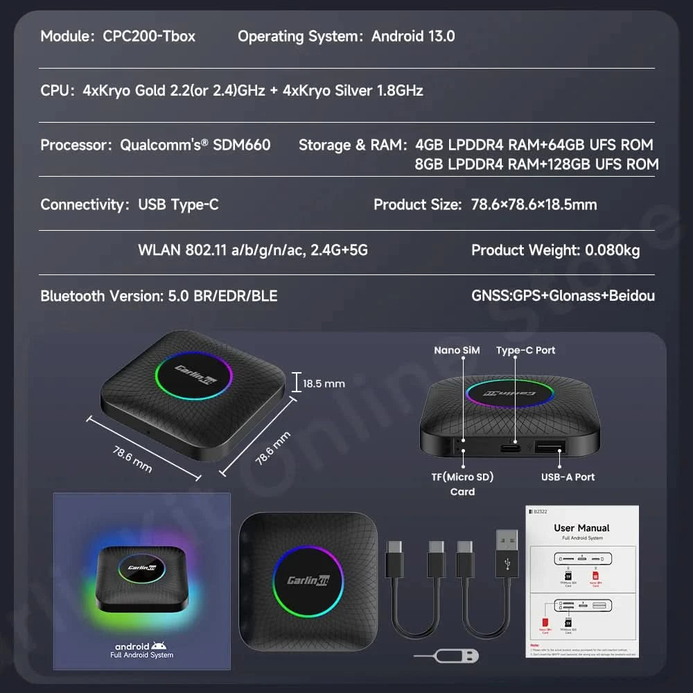 Carlinkit SDM660 Aibox Android 13 USB-A CarPlay Android Auto Wireless Adapter Unterstützt Online-Video Spotify Netflix Bluetooth Wifi