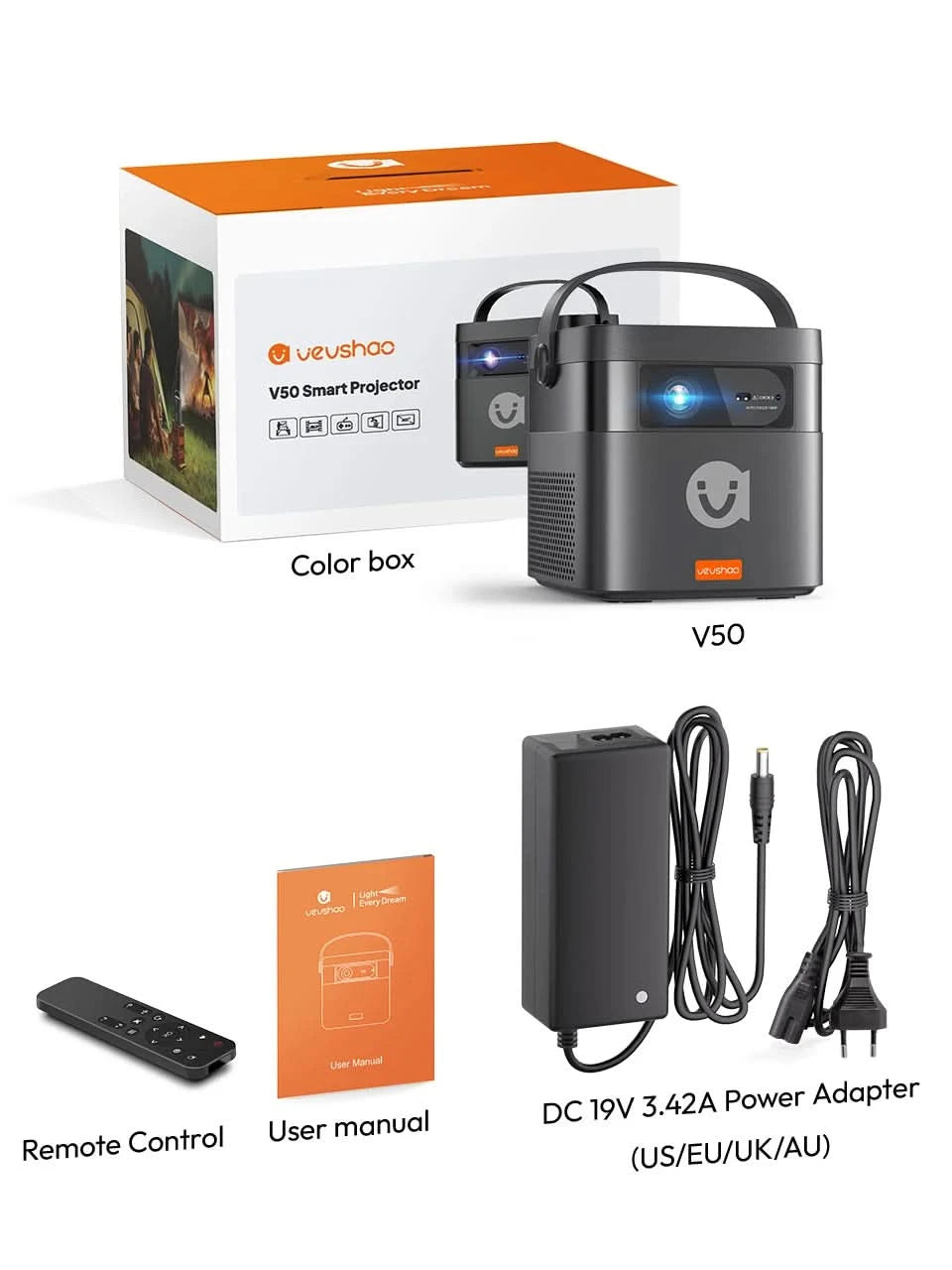 Vevshao V50 3D Tragbarer Mini-Beamer 4K HD LED WiFi 1080P Filme Video DLP Heimkino-Projektoren mit 15000mAh Akku