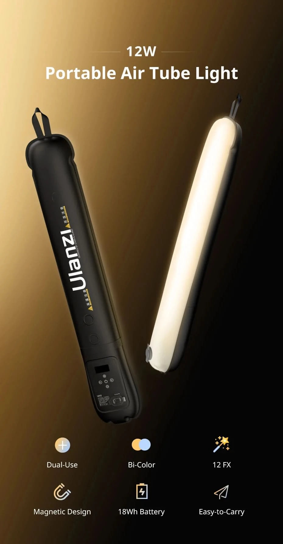 Ulanzi UA12 12W Portable Air Tube Light Bi-Color for Portrait Photograph Livestreaming 2700K-6500K CCT TPU Tube Light Stick