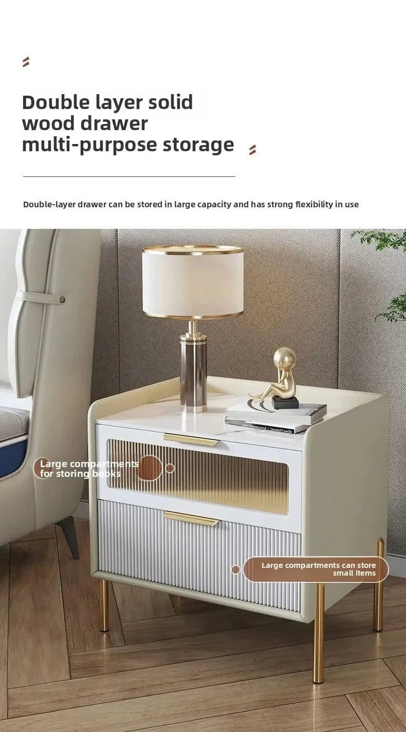 Bedside Table,Modern Light Luxury, Solid Wood Italian Simple Storage, Ultra-narrow Bed Leather Smart Side Cabinet Bedroom