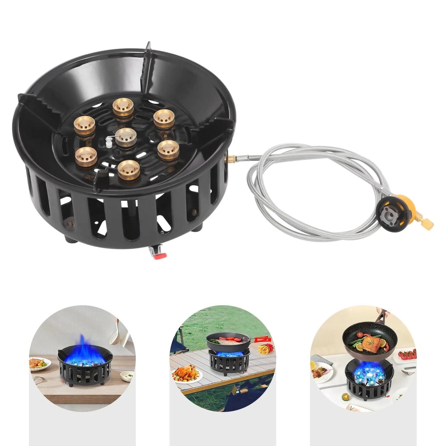 21000W Tragbarer Butan-Campingkocher, Outdoor-Brenner mit 2 Adaptern, Gaskocher, Propangas-Tragkocher für Braten und Kochen im Freien