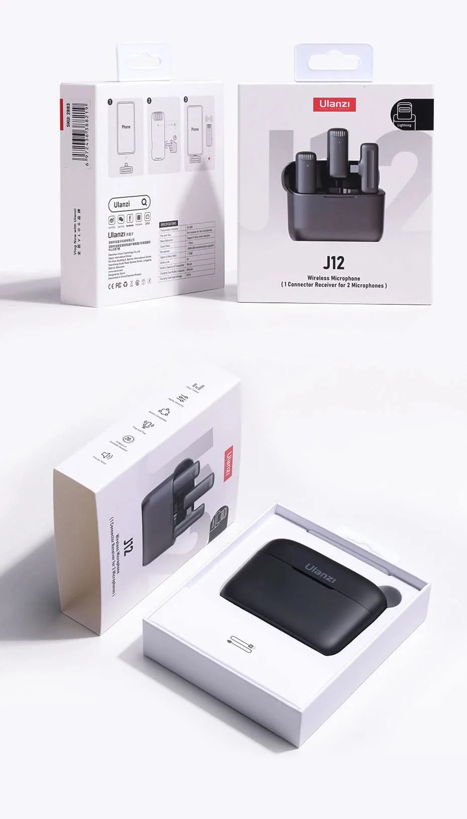 Ulanzi J12 Wireless Lavalier Microphone System Audio Video Recording Microphone Mini Mic for iPhone Android Live Broadcast