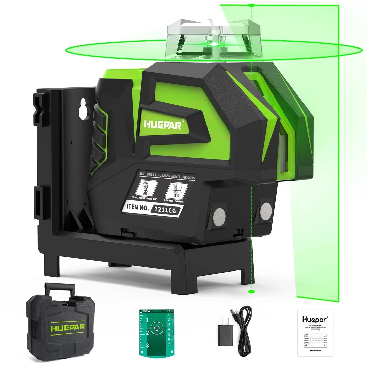 Huepar 7211CG Grüner Kreuzlinienlaser mit Selbstnivellierung, 2 Lotpunkten, Li-Ionen-Akku, 360° Horizontal-Linie und großer Fächeröffnung, Laser-Messgerät