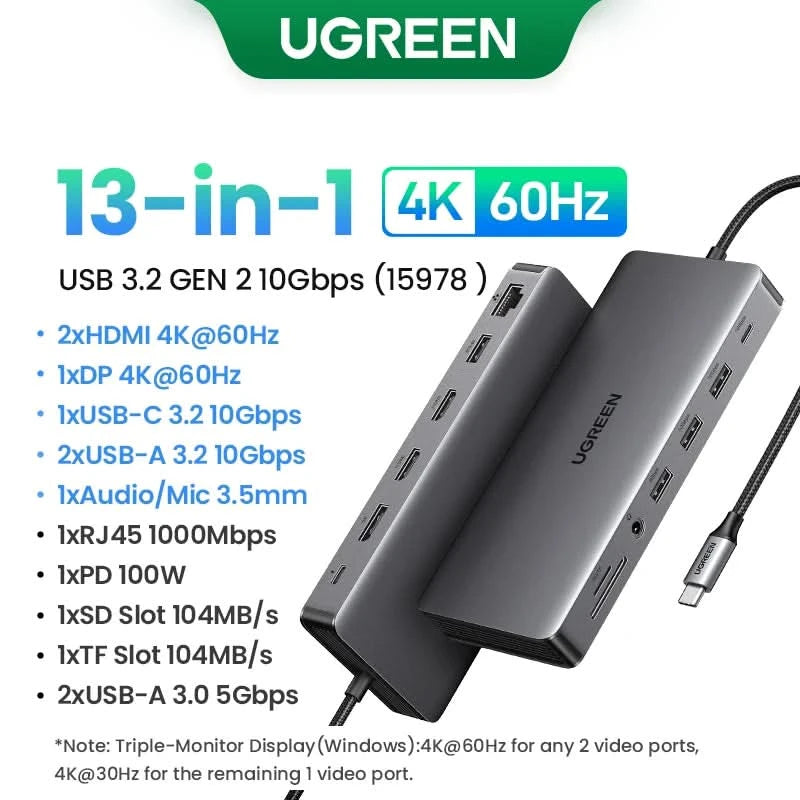 UGREEN Dual HDMI USB-C HUB 8K 4K HDMI Adapter 10-in-1 Splitter mit RJ45 USB3.0 PD 100W Dock für MacBook Pro Air Laptop USB HUB