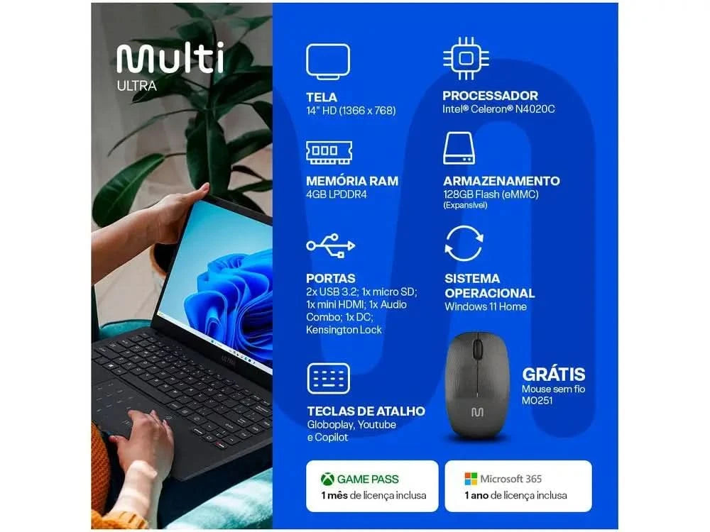 Multi Ultra UB251 Notebook 4GB RAM 128GB eMMC 14 "HD Windows 11 UB251 + Wireless Mouse