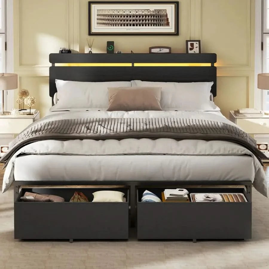 Queen Bed Frame with Wood Headboard, Black Platform Bed with 2 Storage Drawers amp Shelf, Builtin Charging Station  Vellivy