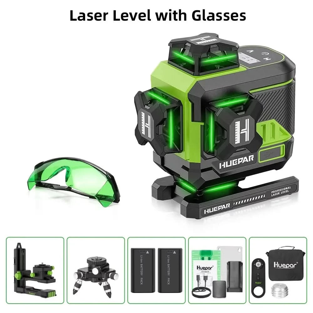 Huepar 16 Lines 4D Self-Leveling Laser Level 4x360°Cross Line Laser with LCD Screen Bluetooth & Remote Control 2x Battery Z04CG