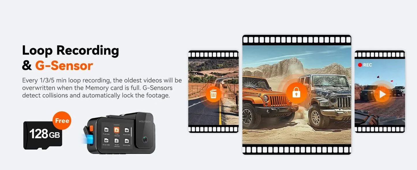 WOLFBOX X5 3-Kanal 4K Dashcam STARVIS 2 IMX678 4K+2.5K Dreifach-Auto-Kamera für vorne, hinten und innen 5.8GHz WiFi Spiegel-Auto-DVR