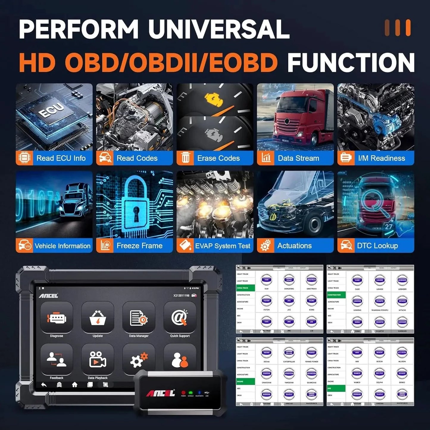 ANCEL X7HD Schwerlast-LKW-Scanner Volles Systemdiagnosetool Bidirektionales Diesel-Scan-Tool mit über 40 Reset- und DPF-ECU-Codierungsfunktionen