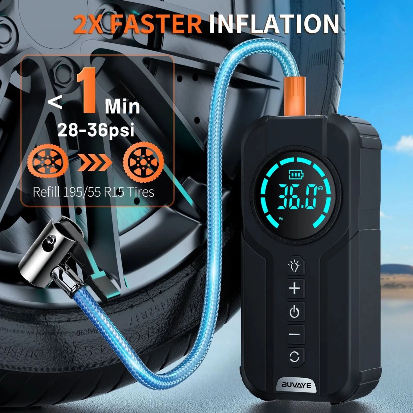 BUVAYE Auto-Multifunktions-Luftkompressor Starthilfe Luftpumpe Praktischer Reifenfüller Tragbarer Batteriestarter mit EVA-Tasche