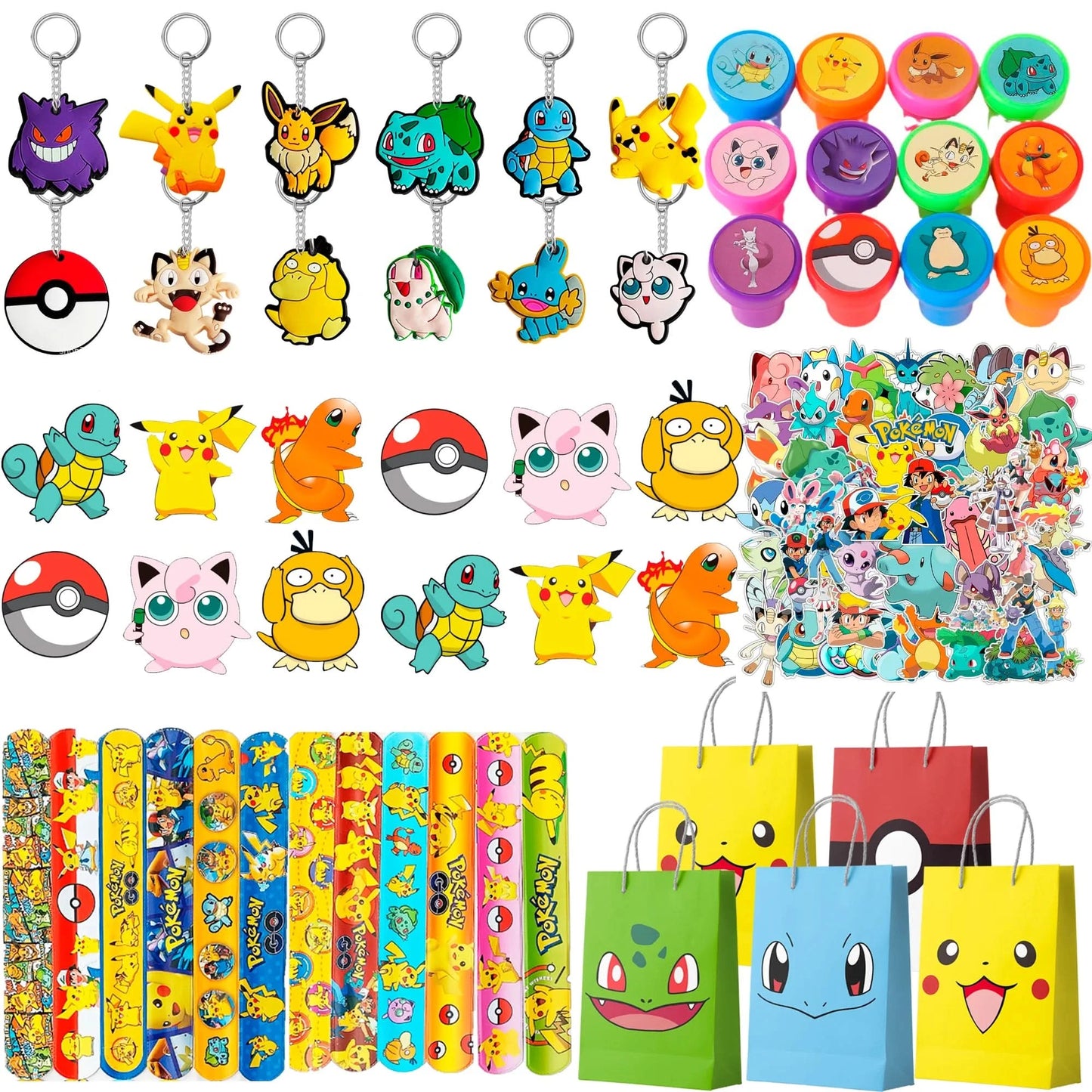 Pokémon-Geburtstagspartygeschenke für Kinder, 110-teiliges Pokémon-Partyzubehör – Pikachu-Geschenktüten, Abzeichen, Aufkleber usw. Pokémon-Partygeschenke