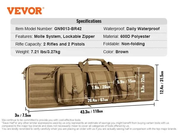 VEVOR Gewehrtasche 36/42 Zoll taktische Doppel-Langwaffentasche weiche Gewehrhülle mit abschließbarem Reißverschluss für zwei 34"/40" Gewehre & 2 Pistolen
