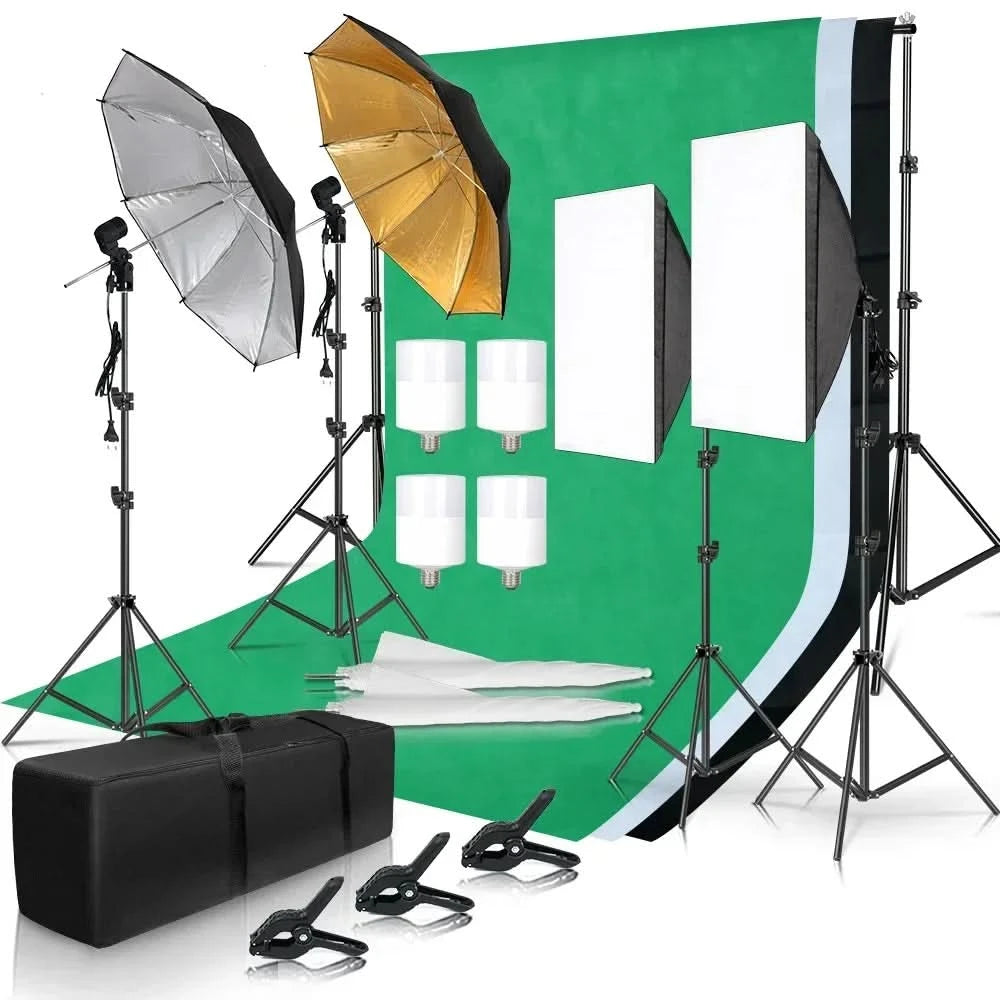 Fotohintergrundrahmen Ständer Softbox Beleuchtungsset Fotostudio-Ausrüstungszubehör mit 3 Hintergrundstoffen und Stativ