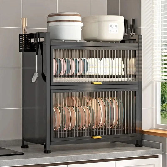 Kitchen cupboard storage box with door, dust-proof bowl rack, countertop, dish storage rack, chopsticks, dishes, drain rack