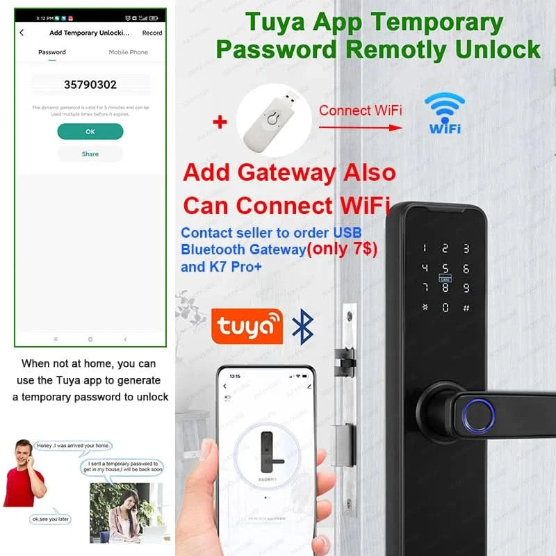 Do Brasil RAYKUBE Black K7 Pro+ Tuya Bluetooth Biometric Fingerprint Door Lock Smart Digital Lock Tuya App Unlock Keyless Lock